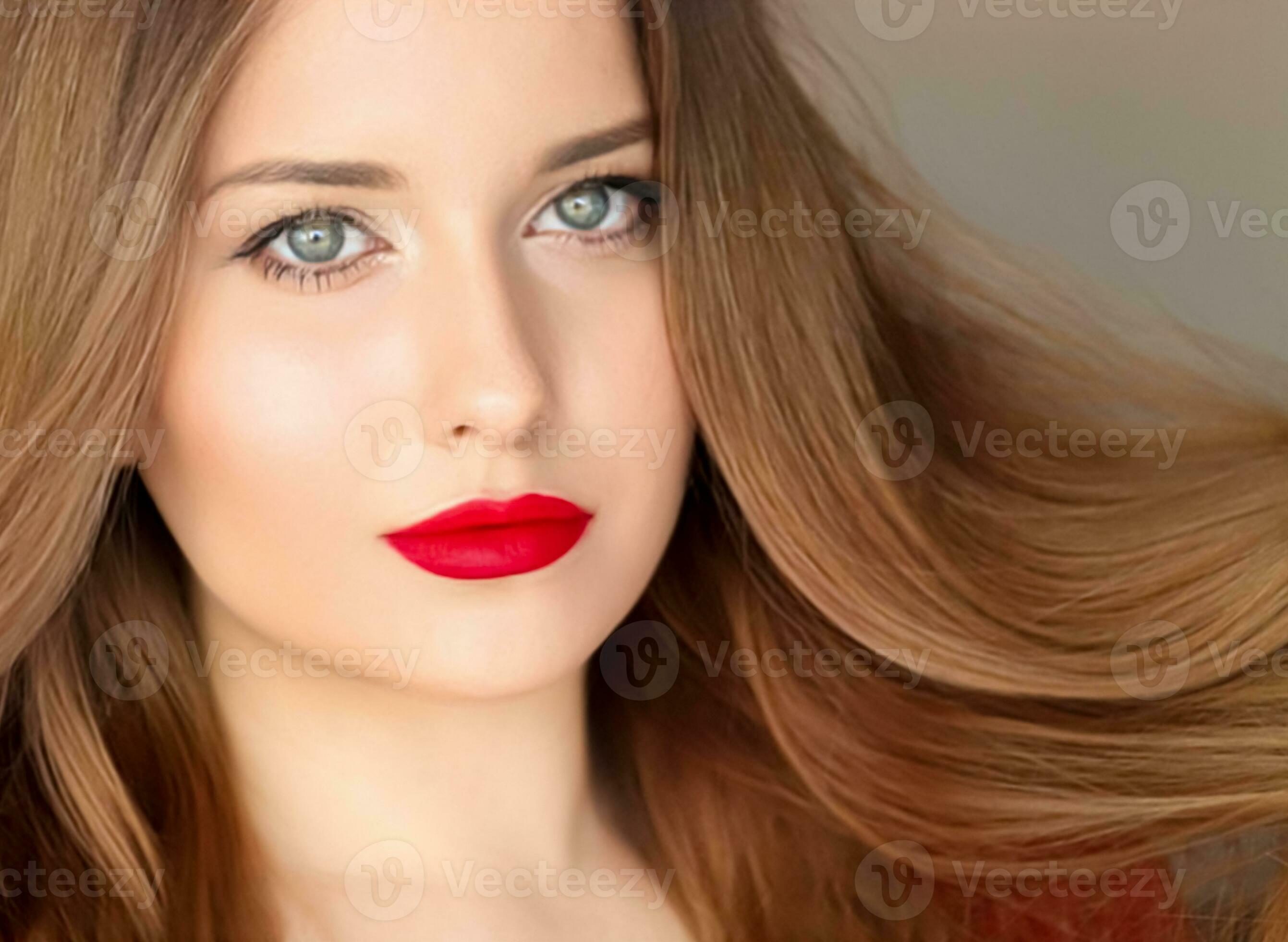 Penteado, beleza e cabelo Cuidado, lindo mulher com grandes saudável cabelo,  modelo vestindo fosco vermelho batom inventar, glamour retrato para cabelo  salão e cuidado capilar 26658252 Foto de stock no Vecteezy